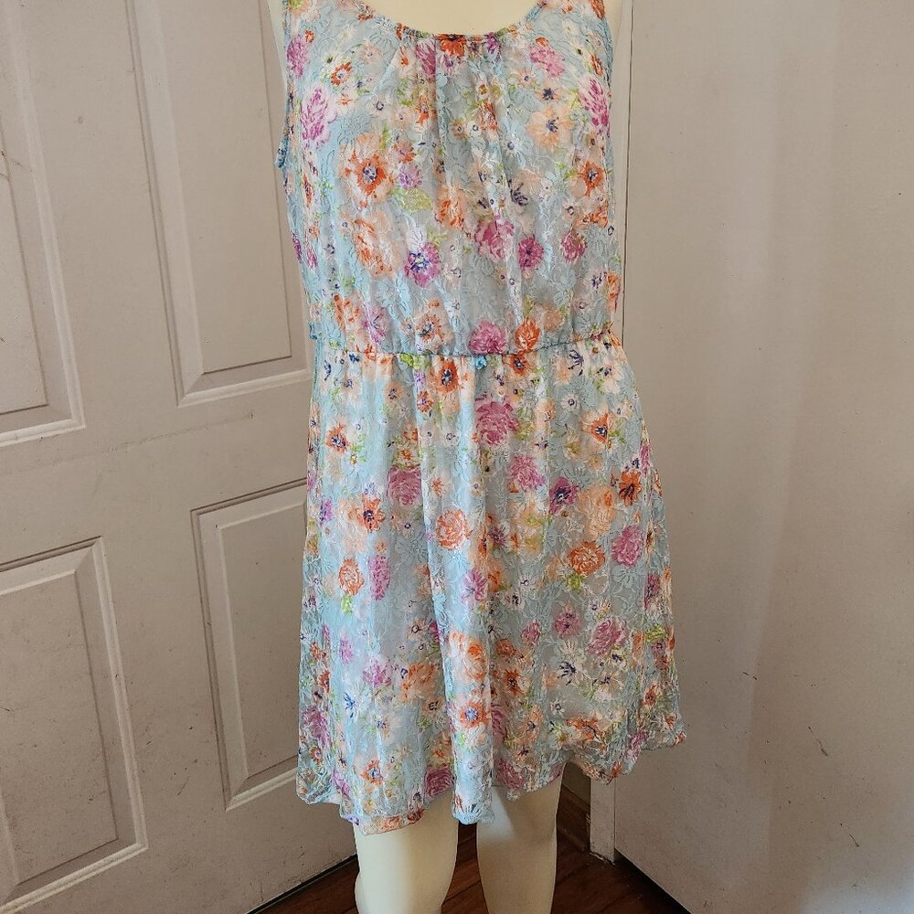No Boundaries Midi Tunic Dress Lined Blue Lace Floral Print Slip-On Sz L (11-13) - Picture 2 of 12